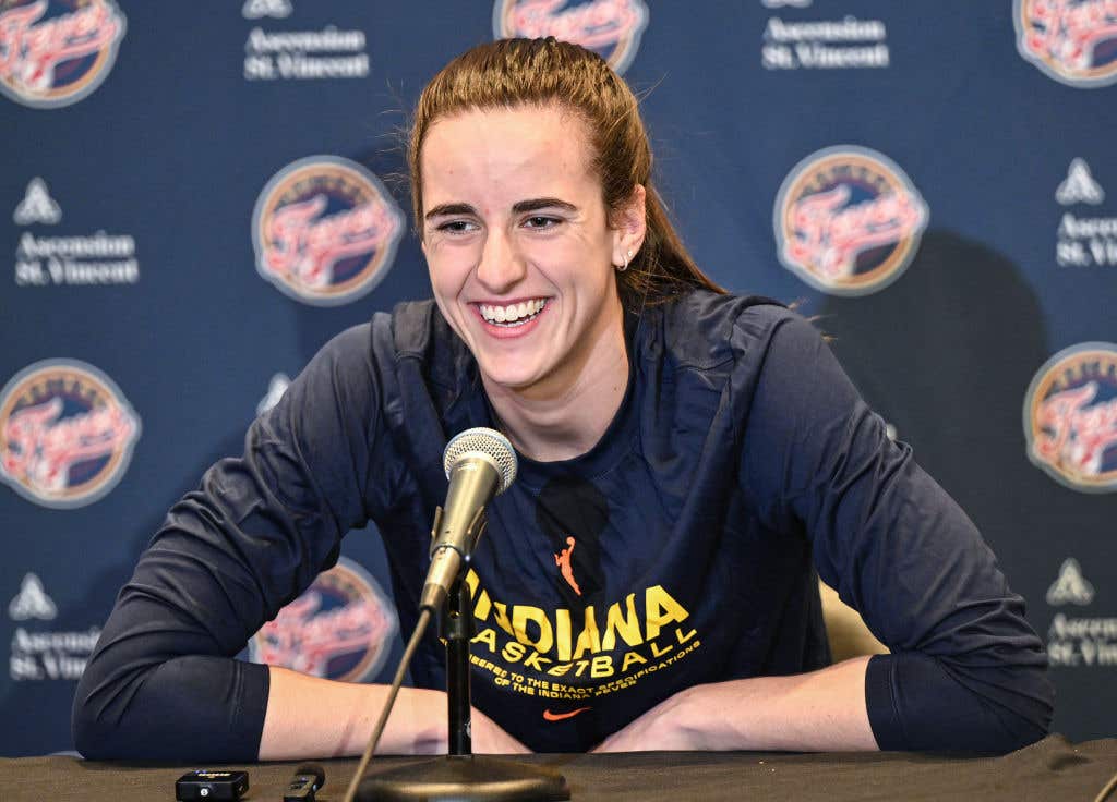 Caitlin Clark #22 of the Indiana Fever speaks during a press conference before the game against the Atlanta Dream at State Farm Arena on June 21, 2024 in Atlanta,