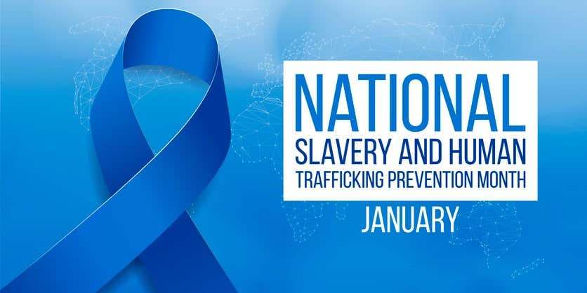 National slavery and human trafficking prevention month concept. Banner with blue ribbon awareness and text. Vector illustration.