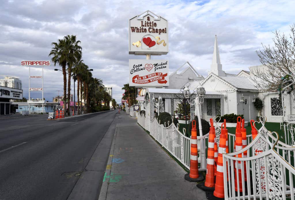 LAS VEGAS, NEVADA - MARCH 22: The shuttered A Little White Chapel on Las Vegas Boulevard is shown as businesses remain closed as a result of the statewide shutdown due to the continuing spread of the coronavirus across the United States on March 22, 2020 in Las Vegas, Nevada. On Friday, Nevada Gov. Steve Sisolak ordered a mandatory shutdown of most nonessential businesses in the state until April 16 to help combat the spread of the virus. The World Health Organization declared the coronavirus (COVID-19) a global pandemic on March 11th.