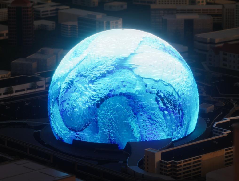 rendering of blue artwork on spherical building