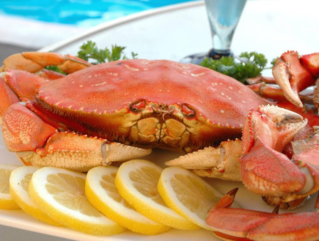 dungeness crab on plate with lemon slices